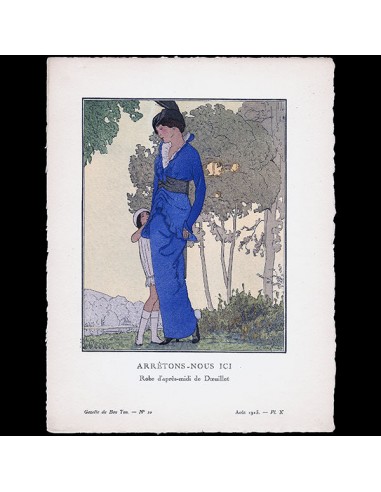 Gazette du Bon Ton - Arrêtons-nous ici, robe d'après-midi de Doeuillet, planche de Marty (n°8, 1913) prix