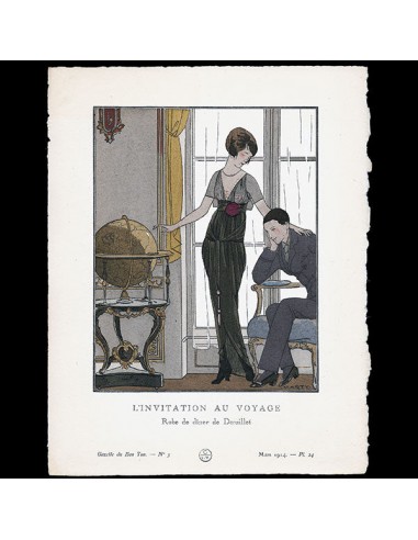 Gazette du Bon Ton - L'Invitation au voyage, robe de dîner de Doeuillet, planche de Marty (n°3, 1914) acheter en ligne