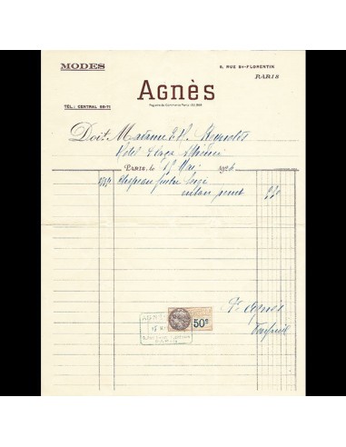 Agnès - Facture de la maison Agnès, 6 rue Saint-Florentin à Paris (1926) Comparez et commandez 