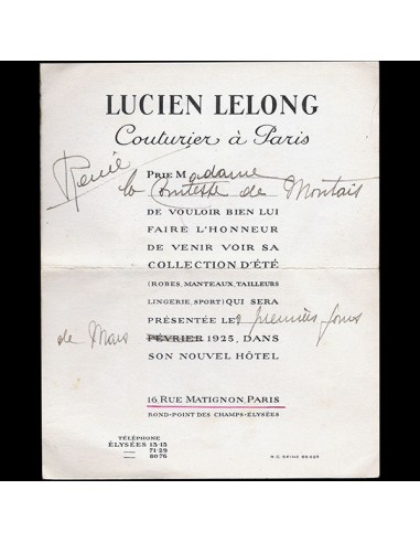 Lucien Lelong - Invitation à la présentation de la collection Eté 1925 Pour