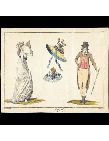 Elégante et élégant du directoire, gravure de mode d'après Jean Beugnet (circa 1796) Economisez 