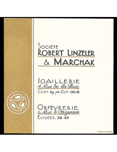 Robert Linzeler & Marchak - Carte de la maison de joaillerie et d'orfèvrerie 4 rue de la Paix (circa 1925) la livraison gratuite