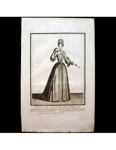 Dame de la cour vestue à la Sultane, gravure de Nicolas Bonnart d'après Robert Bonnart (circa 1690) Pour