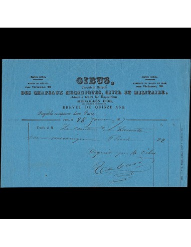 Gibus - Facture de la maison de chapeaux mécaniques, civils et militaires, 20 rue Vivienne à Paris (1863) les ligaments