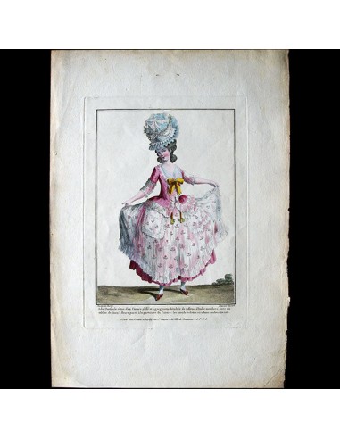 Gallerie des Modes et Costumes Français, 1778-1787, gravure n° R 100, Jolie Danseuse en caraco (1779) les ctes