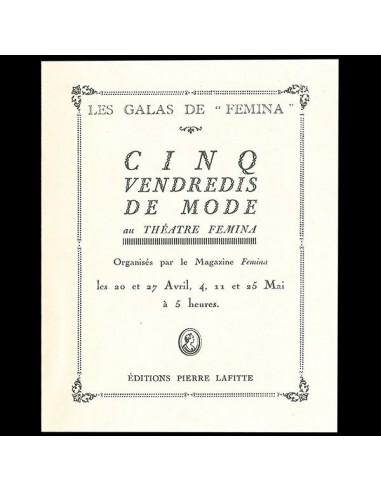 Programme des galas de Fémina - Cinq vendredis à la mode (1923) ouvre sa boutique