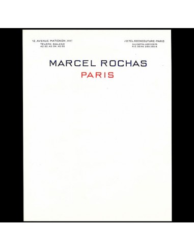 Marcel Rochas - Papier à en-tête de la maison Rochas, 12 avenue Matignon à Paris (1941) acheter