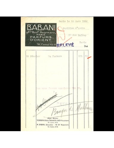 Babani - Facture de la maison Babani, 98 bis boulevard Haussmann à Paris (1920) acheter en ligne