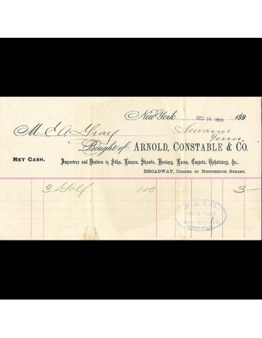 Arnold, Constable & Co - Facture, Broadway, corner of nineteenth Street à New York (1899) Venez découvrir notre 