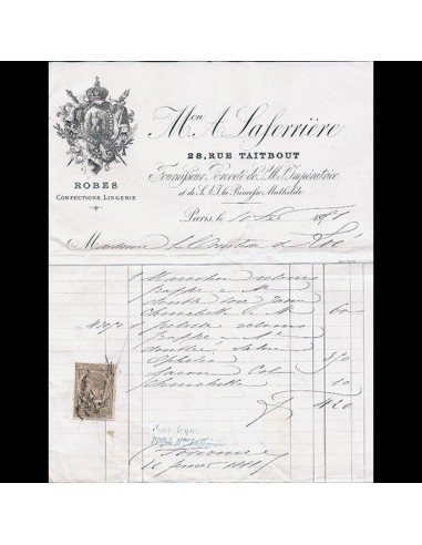 Facture de la maison A. Laferrière, robes, confections, lingerie, 28 rue Taitbout à Paris (1881) soldes