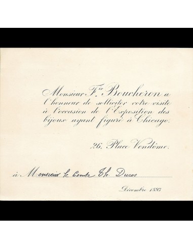 Boucheron - Carton d'invitation à l'exposition des bijoux présentés à Chicago (1893) france